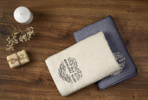 Komplet ręczników 2x50x90cm DLA KOCHANEJ MAMY DLA KOCHANEGO TATY ecru/grafit