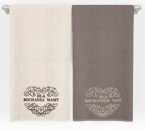 Komplet ręczników 2x70x140cm DLA KOCHANEJ MAMY DLA KOCHANEGO TATY ecru/taupe